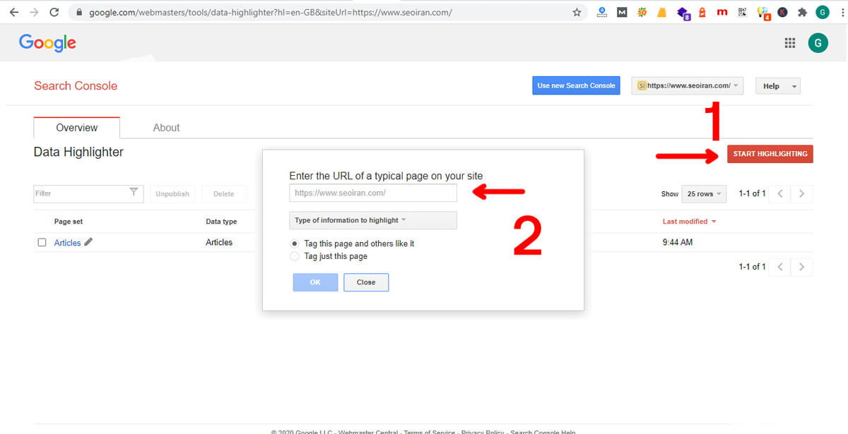 انتخاب سایت در دیتا هایلایت گوگل